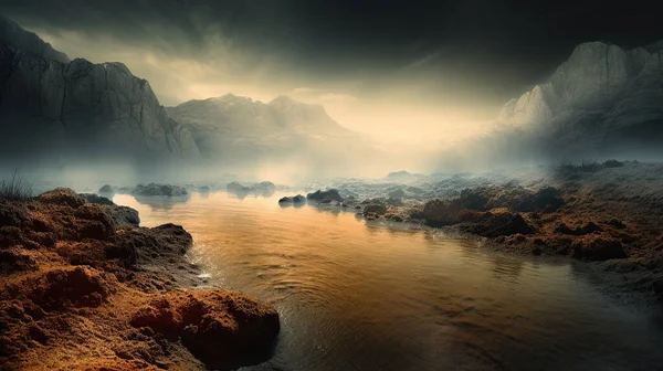 美沙恩河在一个充满朦胧气氛的岩石外星星球上 地球外的风景 数字说明 — 图库照片