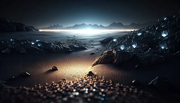 Alien landscape with diamond formations glowing under the moonlight. Extraterrestrial landscape. Digital illustration.