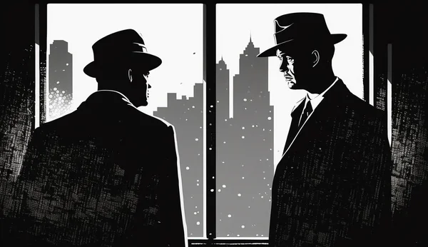 Doi Bărbaţi Negru Aşteptând Spionând Lângă Fereastră Din Oraş Agenţi — Fotografie, imagine de stoc