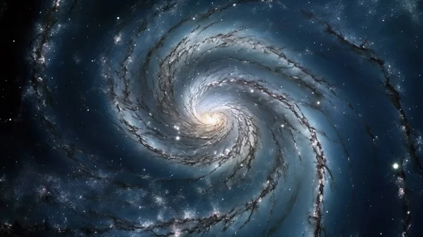 Closeup of a blue spiral galaxy with glowing stars, on dark cosmic background. Digital illustration.