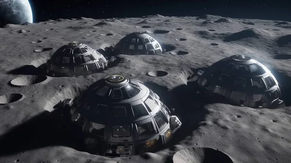 Kuppelförmige Mondbasen Auf Der Oberfläche Des Mondes Oder Fremden Planeten Stockbild