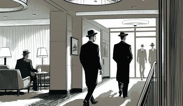 黑衣人在执行任务 酒店大堂的特务 图库图片