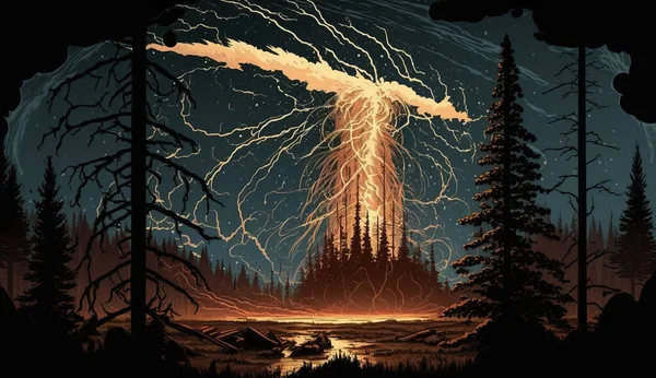 Mysteriöses Tunguska Ereignis Fantasiekunstwerk Ein Meteor Oder Ein Gescheitertes Elektrizitätsexperiment Stockbild