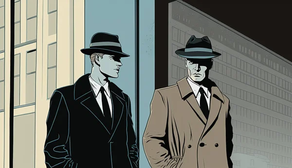 两个戴菲索拉帽子的神秘特工在城里进行间谍活动 图库图片