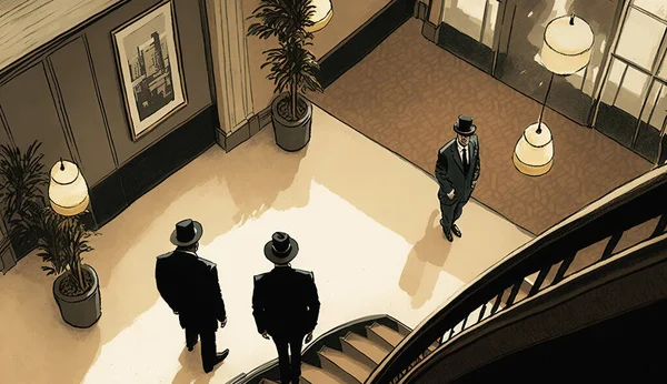 ミッションで黒の2人の男性は 空のホテルのロビーで話している 秘密捜査官私立探偵 探偵事務所 ロイヤリティフリーのストック写真