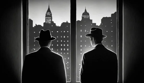 两个黑衣男子在一座大城市的窗前进行间谍活动 私家侦探 免版税图库照片