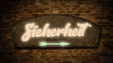Güvenlik yönünü gösteren Almanca bir işaret levhası..