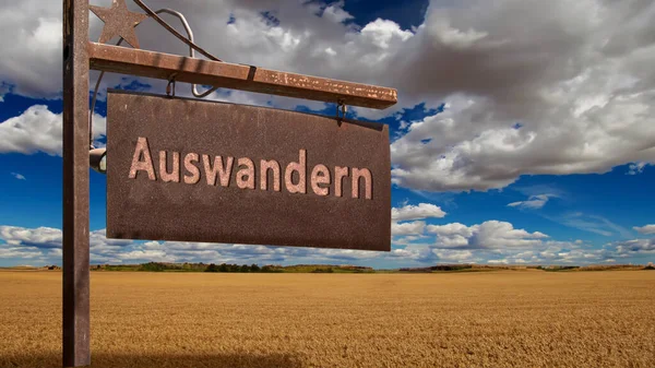 Görüntü Almanca Göç Seyahat Tutkusu Yönünde Bir Tabela Işaret Gösteriyor — Stok fotoğraf