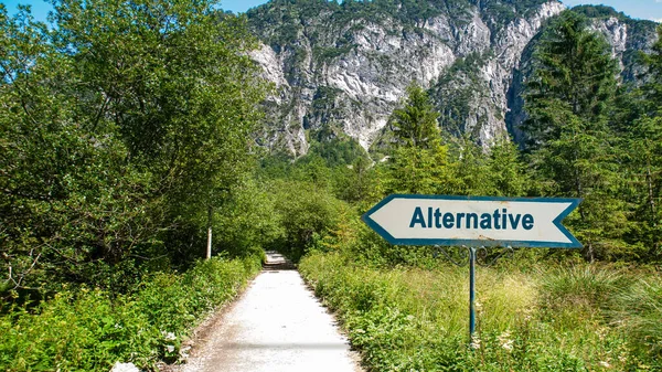 stock image Image showing a signpost and information sign pointing in the direction of an alternative in German.