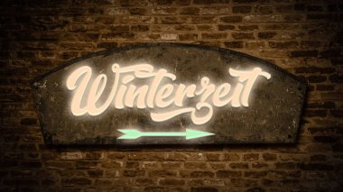 Almanca bir işaret levhası ile kışı gösteren bir resim.