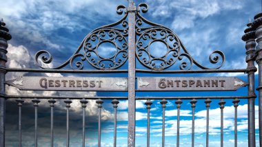 Almanca 'nın iki farklı yönünü gösteren işaret direği olan bir resim. Bir yön Gevşemiş, diğeri Stresli..