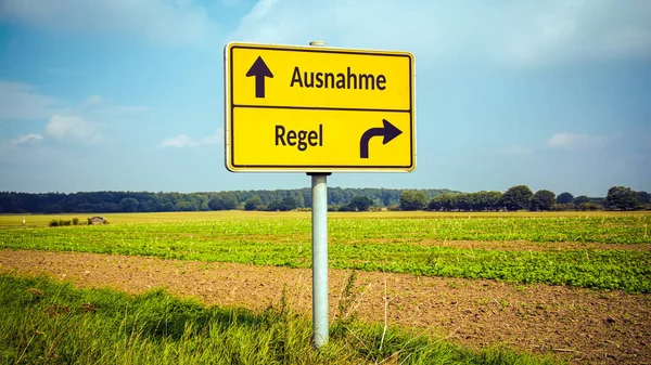 Stock image An image with a signpost pointing in two different directions in German. One direction points by exception, the other points by rule.