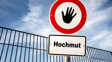 An image with a signpost pointing in two different directions in German. One direction points to humility, the other points to arrogance. clipart