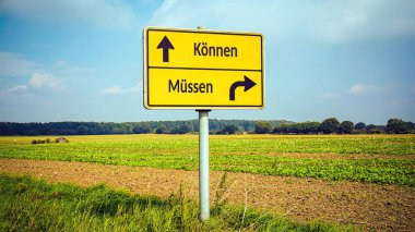 An image with a signpost pointing in two different directions in German. One direction points to ability, the other points to necessity. clipart