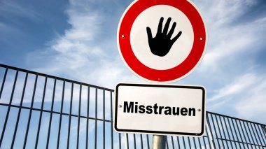 An image with a signpost pointing in two different directions in German. One direction points to trust, the other points to mistrust. clipart