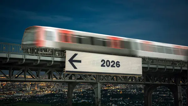 stock image Image of a signpost pointing in the direction of the year 2026