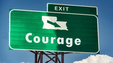 the picture shows a signpost and a sign that points in the direction of courage in german. clipart