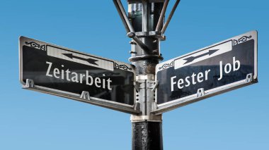 An image with a signpost pointing in two different directions in German. One direction points to permanent job, the other points to temporary work. clipart