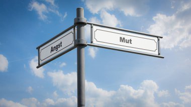 Almanca 'nın iki farklı yönünü gösteren işaret direği olan bir resim. Bir yön cesareti gösterir, diğeri korkuyu..