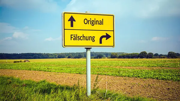 stock image An image with a signpost pointing in two different directions in German. One direction points to original, the other points to counterfeit.