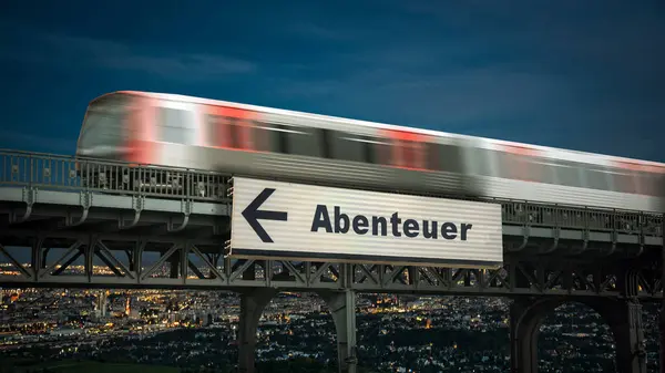 stock image Image depicting a signpost pointing in the direction of life's great adventure in German.