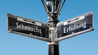Almanca 'nın iki farklı yönünü gösteren işaret direği olan bir resim. Bir yön memnuniyeti, diğer yön ise özlemi gösterir..