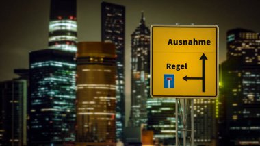 An image with a signpost pointing in two different directions in German. One direction points by exception, the other points by rule. clipart