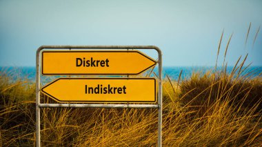 An image with a signpost pointing in two different directions in German. One direction points to Discreet, the other points to Indiscreet. clipart