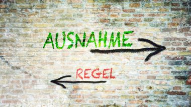 An image with a signpost pointing in two different directions in German. One direction points by exception, the other points by rule. clipart