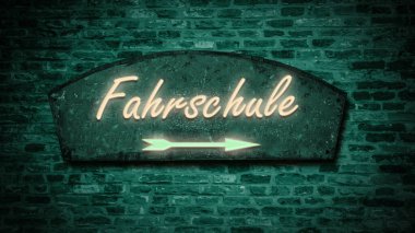 Resim, Almanca ehliyet kursuna işaret eden bir tabela ve tabela gösteriyor..