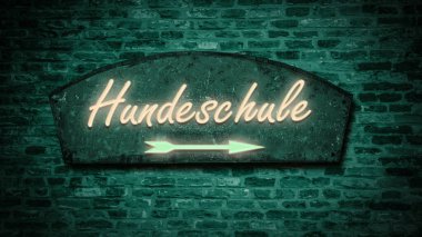 Resim, Almanca köpek okulunu işaret eden bir tabela ve tabela gösteriyor..