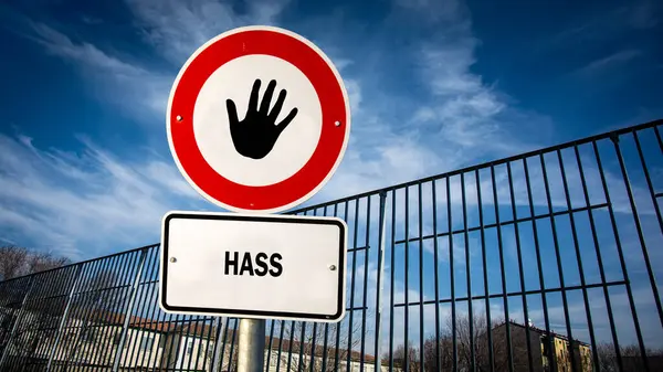 Almanca 'nın iki farklı yönünü gösteren işaret direği olan bir resim. Bir yön aşkı gösterir, diğeri nefreti..