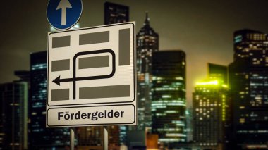 Resim, Almanca finansman yönünü gösteren bir tabela ve tabela gösteriyor..