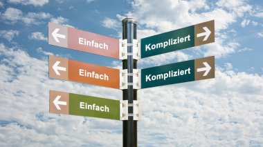 Almanca 'nın iki farklı yönünü gösteren işaret direği olan bir resim. Bir yön Basit, diğeri Karmaşık 'ı işaret ediyor..