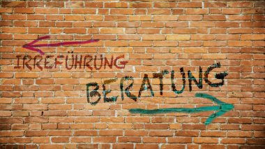 Almanca 'nın iki farklı yönünü gösteren işaret direği olan bir resim. Bir yön avukatı işaret eder, diğeri aldatmayı..