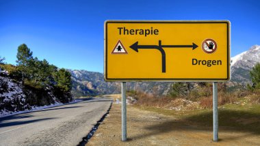 An image with a signpost pointing in two different directions in German. One direction points to drugs, the other points to therapy. clipart