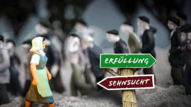 An image with a signpost pointing in two different directions in German. One direction points to fulfillment, the other points to longing. clipart