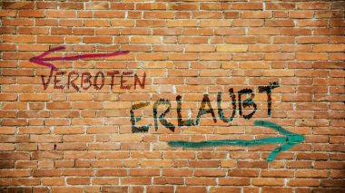 Almanca 'nın iki farklı yönünü gösteren işaret direği olan bir resim. Bir yön izin verileni, diğeri yasaklananı işaret ediyor.