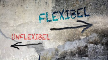 An image with a signpost pointing in two different directions in German. One direction points to Flexible, the other points to Inflexible. clipart