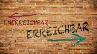 Almanca 'nın iki farklı yönünü gösteren işaret direği olan bir resim. Bir yön ulaşılamaz, diğeri ulaşılamaz diyor..