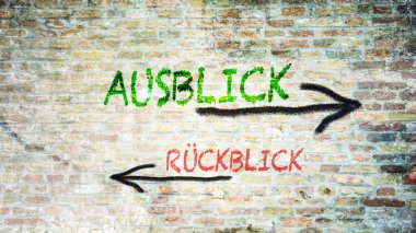 An image with a signpost pointing in two different directions in German. One direction points to outlook, the other points to backsight clipart