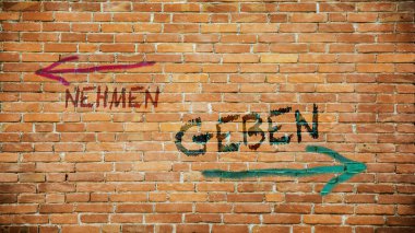 Almanca 'nın iki farklı yönünü gösteren işaret direği olan bir resim. Bir yön vermek için, diğeri almak için..