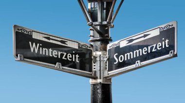 An image with a signpost pointing in two different directions in German. One direction shows Daylight Saving Time, the other shows Winter Time. clipart