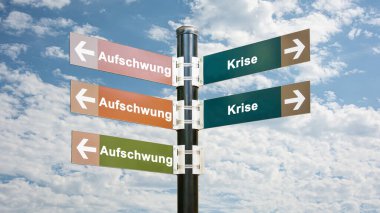 Almanca 'nın iki farklı yönünü gösteren işaret direği olan bir resim. Bir yön ters yöne, diğeri de krize işaret ediyor.