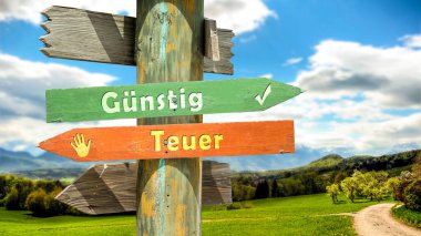 An image with a signpost pointing in two different directions in German. One direction points to Cheap, the other points to Expensive. clipart