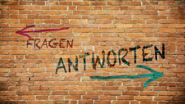 Almanca 'nın iki farklı yönünü gösteren işaret direği olan bir resim. Bir yön cevapları gösterir, diğeri soruları..