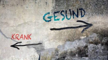 Almanca 'nın iki farklı yönünü gösteren işaret direği olan bir resim. Bir yön Sağlıklı 'yı, diğeri Hastalıklı' yı gösteriyor..