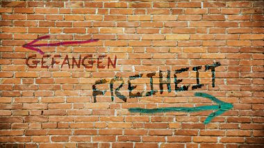 Almanca 'nın iki farklı yönünü gösteren işaret direği olan bir resim. Bir yön özgürlüğü, diğeri esiri işaret ediyor..