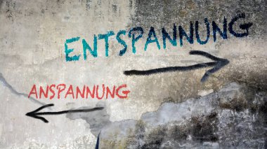 Almanca 'nın iki farklı yönünü gösteren işaret direği olan bir resim. Bir yön gevşemeye, diğer yön gerilime işaret ediyor..