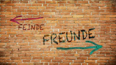 Almanca 'nın iki farklı yönünü gösteren işaret direği olan bir resim. Bir yön dostları işaret eder, diğeri düşmanları..